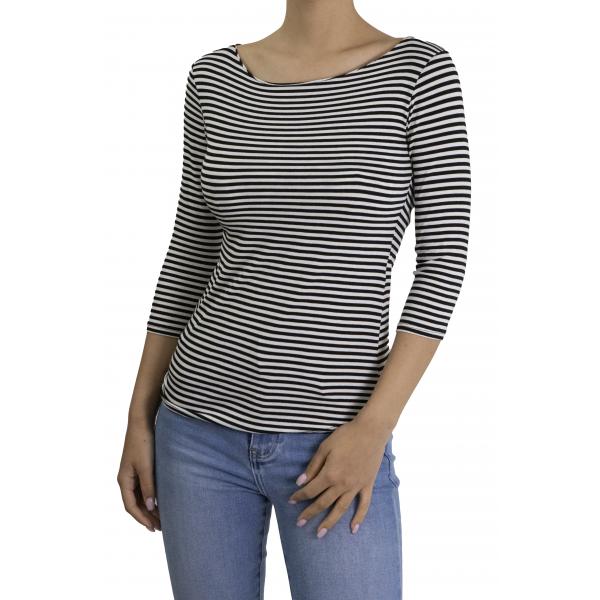 maglia a righe con manica 3/4 scollo a barca 